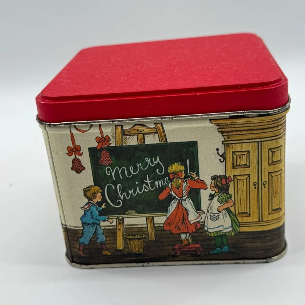 Vintage 80s Christmas Schoolhouse Tin Box Santa Teacher Classroom Decor Santa‎